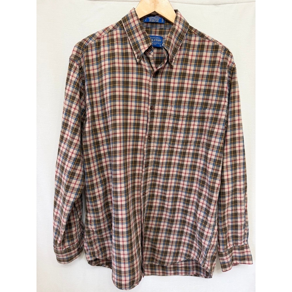 Pendleton Canterbury Cloth Plaid Shirt Mens Medium Pima Cotton Merino Wool Brown